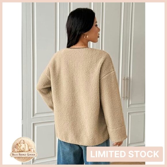 Faux Fur Sherpa Jacket Button Down Pockets Casual Winter Outerwear - Picture 3 of 8